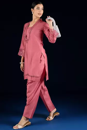 Floral Yoke Design Square Neck Beads And Stones Kurta With Salwar