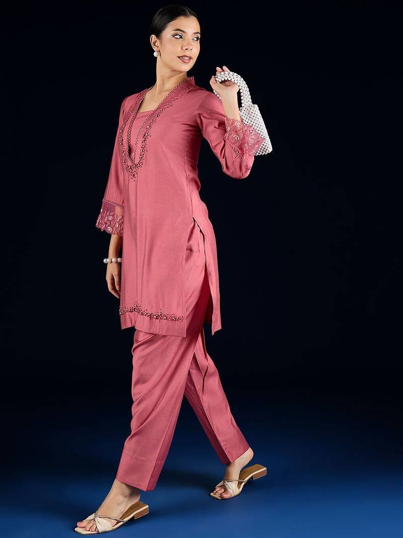 Floral Yoke Design Square Neck Beads And Stones Kurta With Salwar