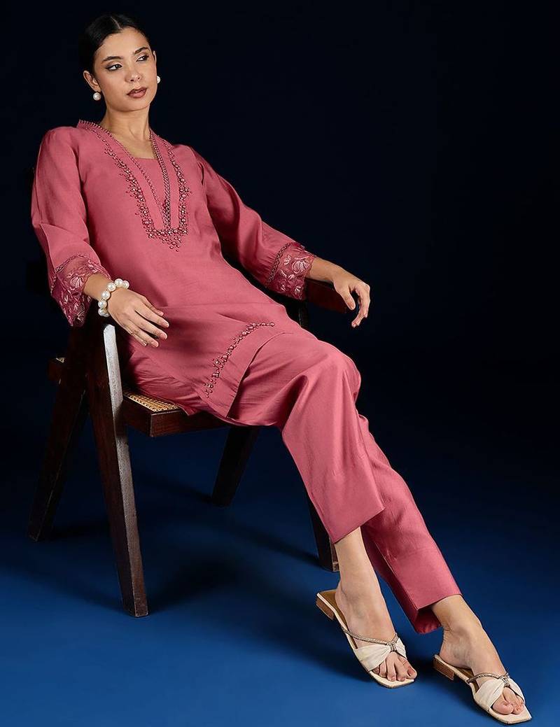 Floral Yoke Design Square Neck Beads And Stones Kurta With Salwar