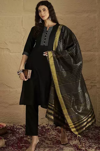 Women Striped Self Design Kurta with Trouser & Dupatta