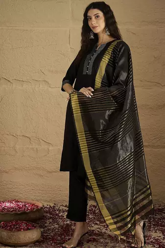 Women Striped Self Design Kurta with Trouser & Dupatta