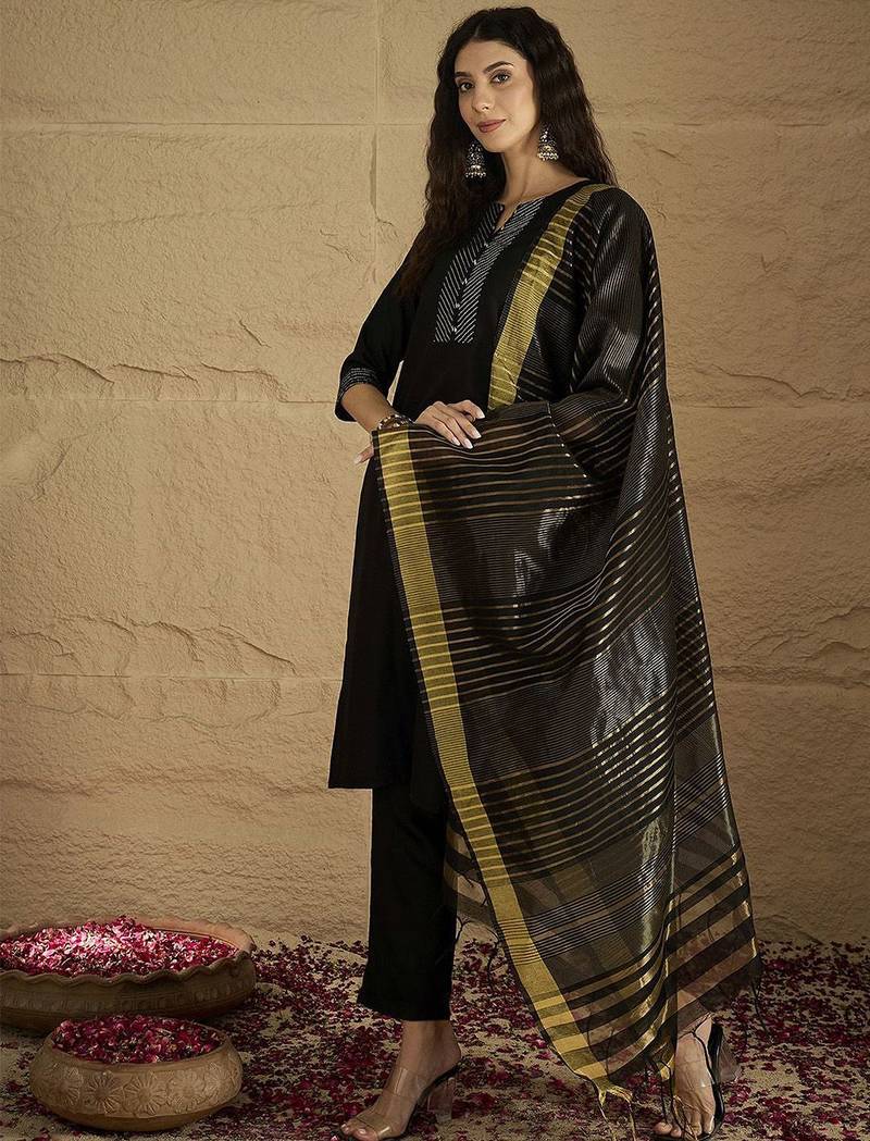 Women Striped Self Design Kurta with Trouser & Dupatta