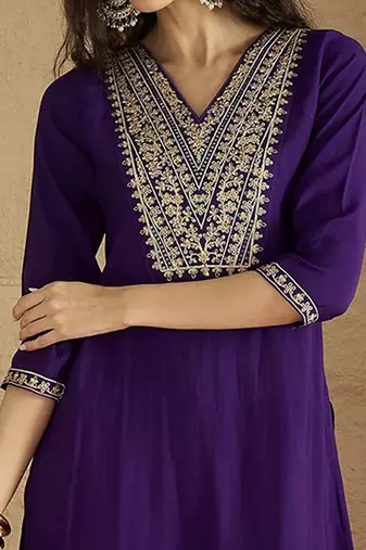 Floral Yoke Design V-Neck Straight Kurta With Trousers And Dupatta