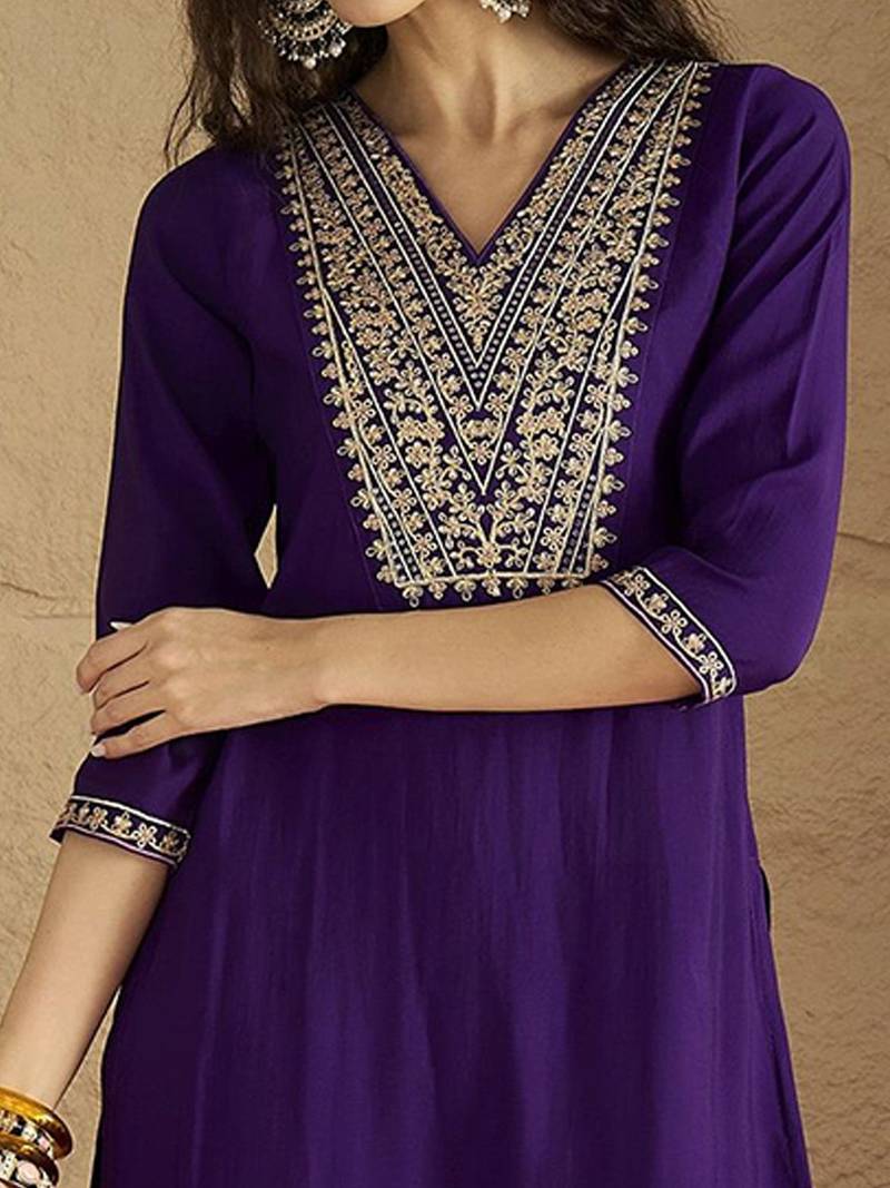 Floral Yoke Design V-Neck Straight Kurta With Trousers And Dupatta