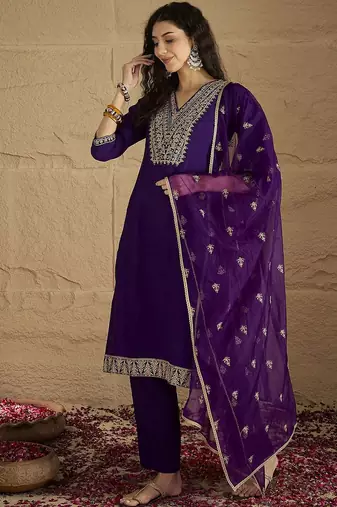 Floral Yoke Design V-Neck Straight Kurta With Trousers And Dupatta