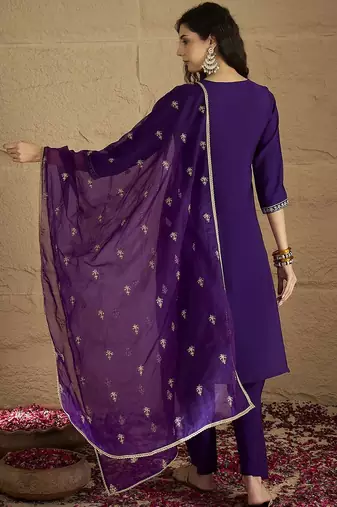 Floral Yoke Design V-Neck Straight Kurta With Trousers And Dupatta