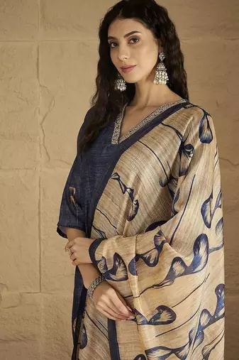 Floral Printed Beads And Stones Chanderi Cotton Kurta With Trousers & Dupatta
