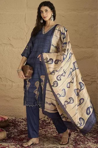 Floral Printed Beads And Stones Chanderi Cotton Kurta With Trousers & Dupatta