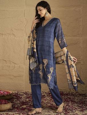 Floral Printed Beads And Stones Chanderi Cotton Kurta With Trousers & Dupatta 7