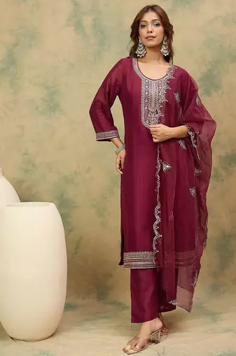 Yoke Design Ethnic Motifs Straight Kurta With Trousers & Dupatta