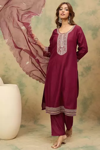 Yoke Design Ethnic Motifs Straight Kurta With Trousers & Dupatta