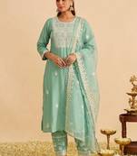 Women Ethnic Motifs Embroidered Round Neck Straight Kurta with Trousers & Dupatta