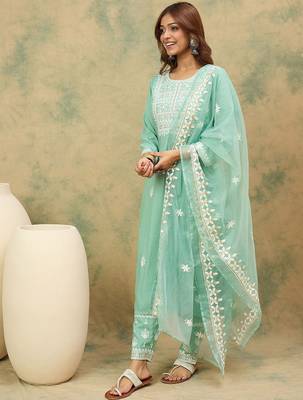 Women Ethnic Motifs Embroidered Round Neck Straight Kurta with Trousers & Dupatta 4