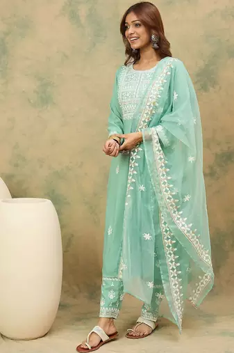 Women Ethnic Motifs Embroidered Round Neck Straight Kurta with Trousers & Dupatta