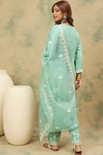Women Ethnic Motifs Embroidered Round Neck Straight Kurta with Trousers & Dupatta