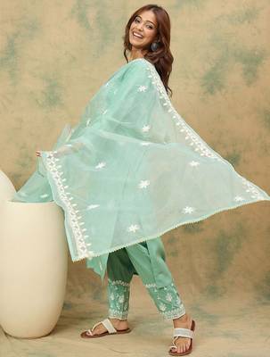 Women Ethnic Motifs Embroidered Round Neck Straight Kurta with Trousers & Dupatta 6