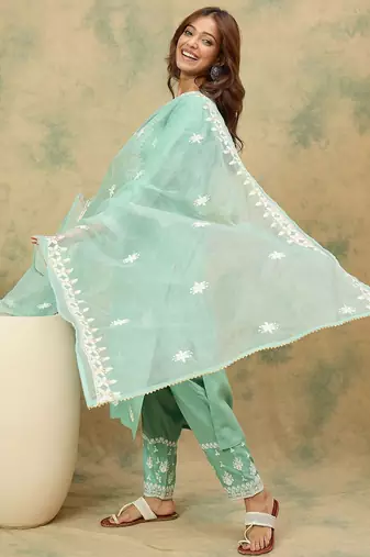 Women Ethnic Motifs Embroidered Round Neck Straight Kurta with Trousers & Dupatta