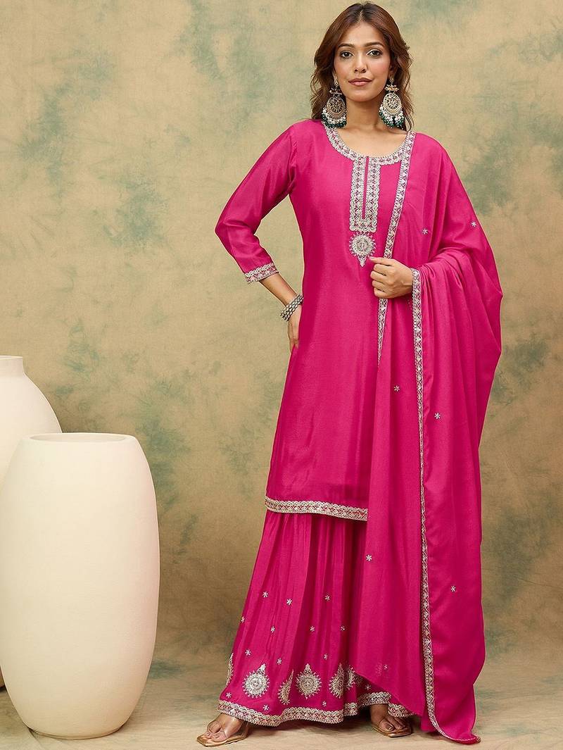 Women Ethnic Motifs Yoke Design Regular Kurta With Sharara & Dupatta