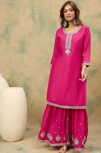 Women Ethnic Motifs Yoke Design Regular Kurta With Sharara & Dupatta