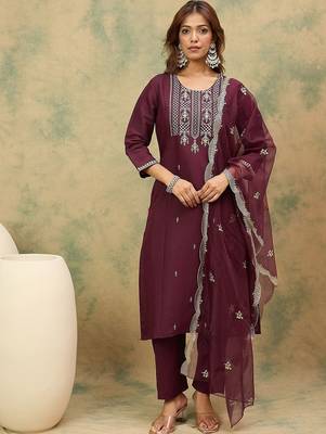Yoke or Border Embroidered Zari Straight Kurta With Trousers & Dupatta 1