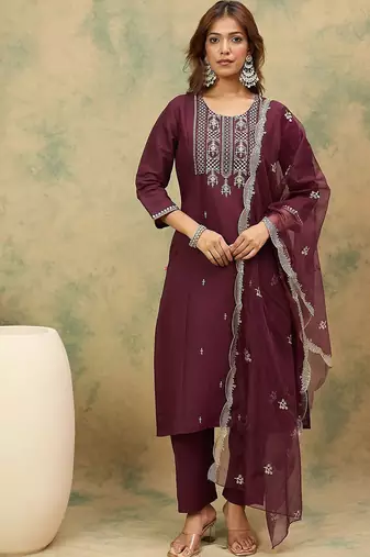 Yoke or Border Embroidered Zari Straight Kurta With Trousers & Dupatta