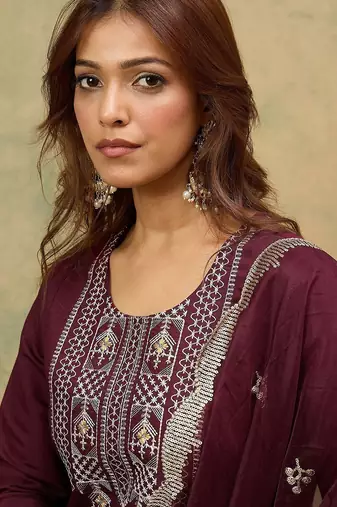 Yoke or Border Embroidered Zari Straight Kurta With Trousers & Dupatta