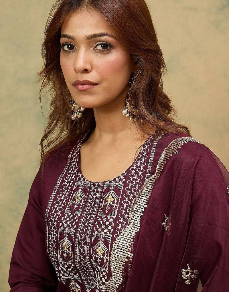 Yoke or Border Embroidered Zari Straight Kurta With Trousers & Dupatta