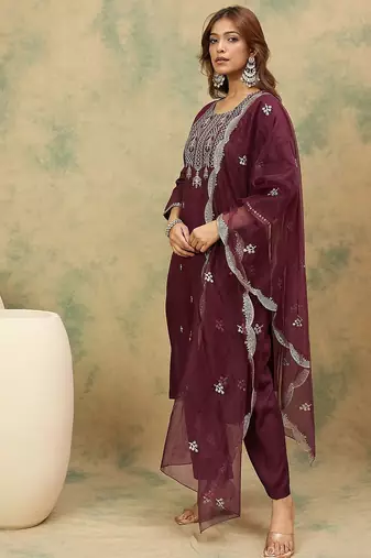 Yoke or Border Embroidered Zari Straight Kurta With Trousers & Dupatta