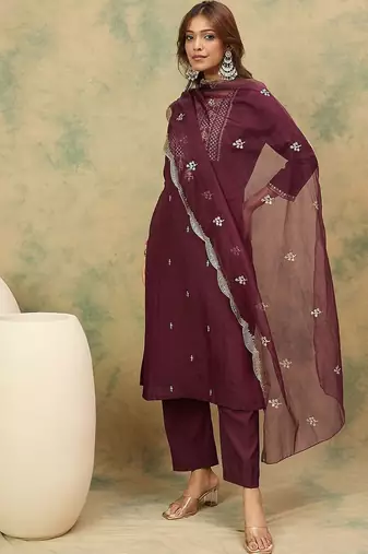Yoke or Border Embroidered Zari Straight Kurta With Trousers & Dupatta
