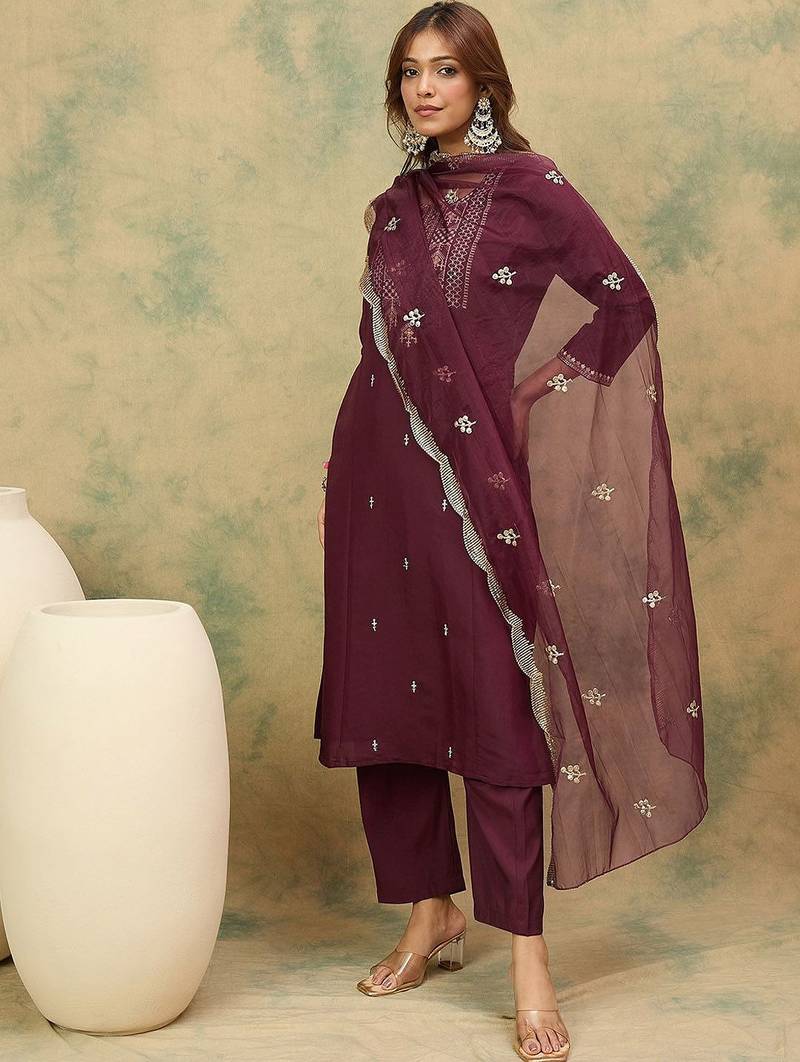 Yoke or Border Embroidered Zari Straight Kurta With Trousers & Dupatta