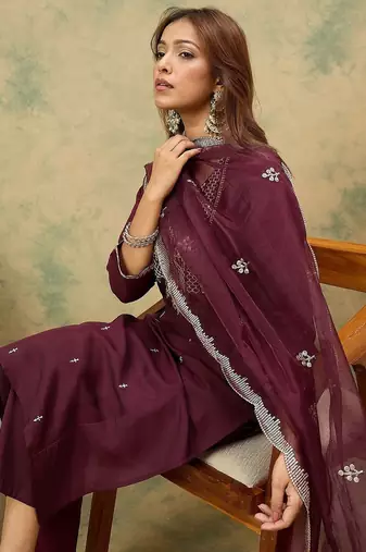 Yoke or Border Embroidered Zari Straight Kurta With Trousers & Dupatta