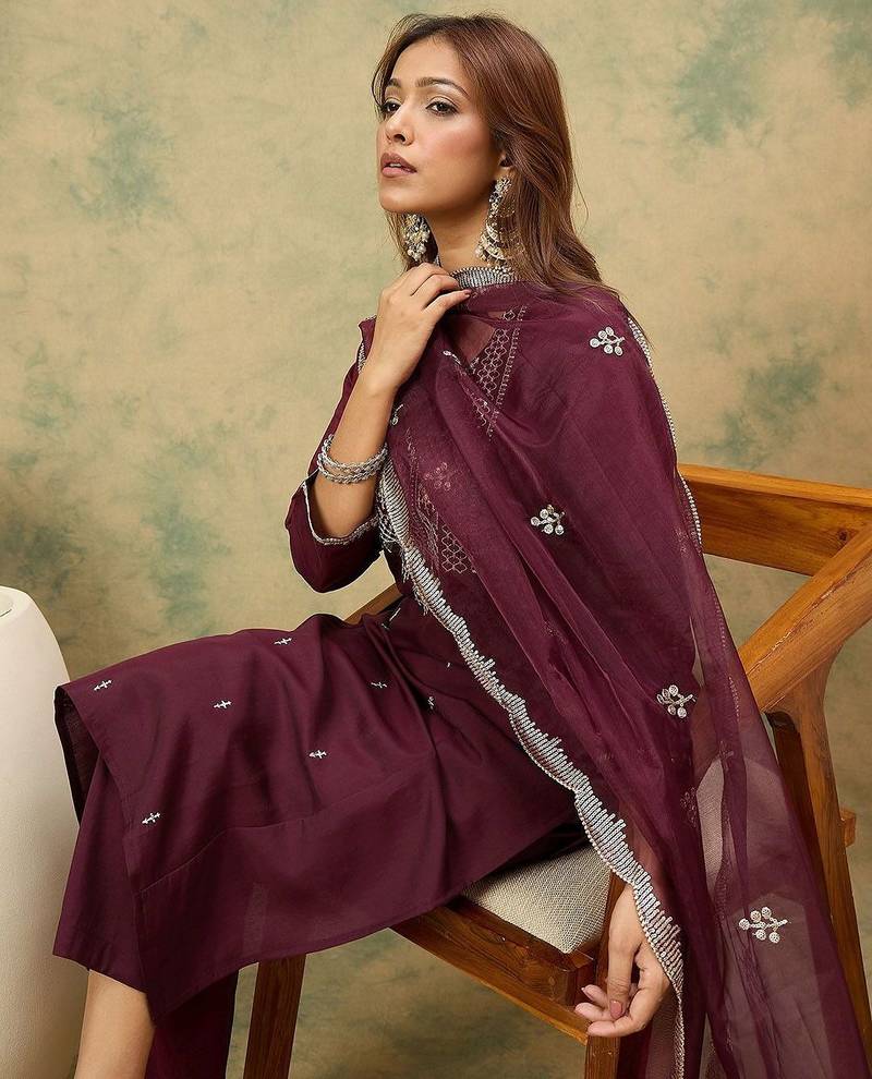 Yoke or Border Embroidered Zari Straight Kurta With Trousers & Dupatta
