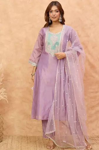 Women Ethnic Motifs Yoke Design Zari Kurta with Trousers & Dupatta