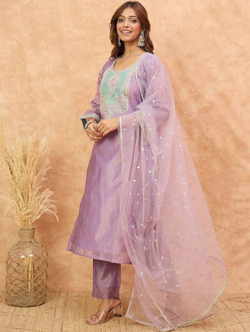 Women Ethnic Motifs Yoke Design Zari Kurta with Trousers & Dupatta