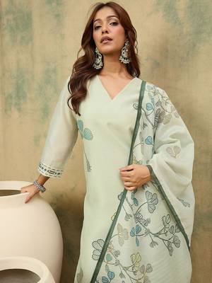 Floral Printed V-Neck Chanderi Silk Kurta With Trousers & Dupatta 7