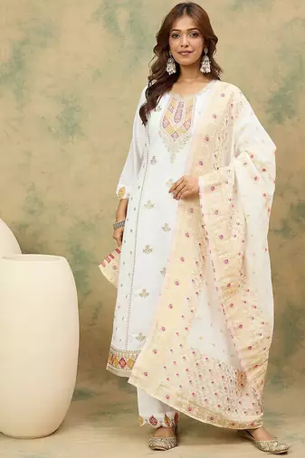 Floral Yoke Design Notch Neck Thread Work Straight Kurta With Trousers & Dupatta