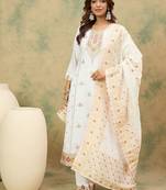 Floral Yoke Design Notch Neck Thread Work Straight Kurta With Trousers & Dupatta