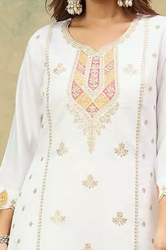 Floral Yoke Design Notch Neck Thread Work Straight Kurta With Trousers & Dupatta