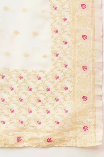 Floral Yoke Design Notch Neck Thread Work Straight Kurta With Trousers & Dupatta