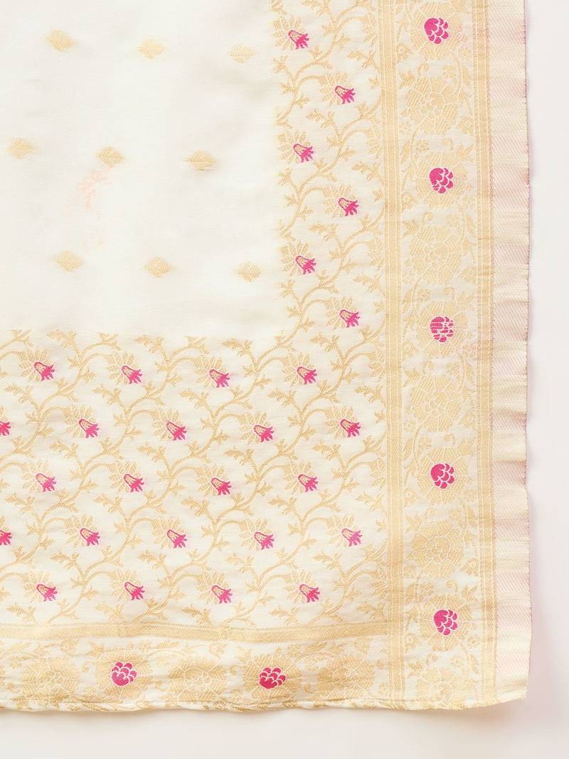 Floral Yoke Design Notch Neck Thread Work Straight Kurta With Trousers & Dupatta