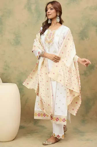 Floral Yoke Design Notch Neck Thread Work Straight Kurta With Trousers & Dupatta