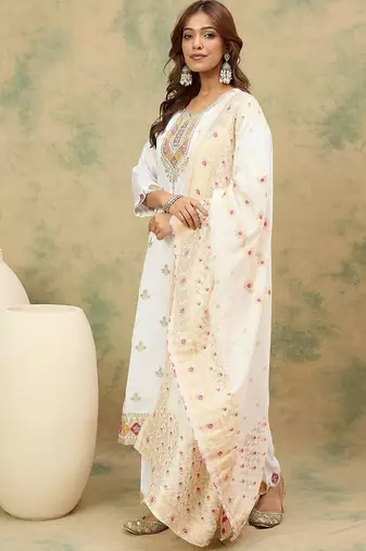 Floral Yoke Design Notch Neck Thread Work Straight Kurta With Trousers & Dupatta