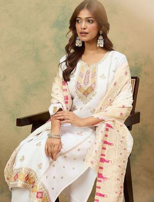 Floral Yoke Design Notch Neck Thread Work Straight Kurta With Trousers & Dupatta 7