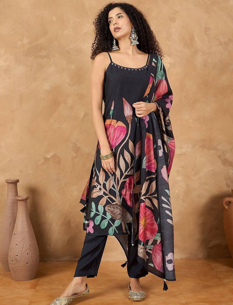 Floral Printed Regular Shoulder Straps Straight Kurta With Trousers And Dupatta