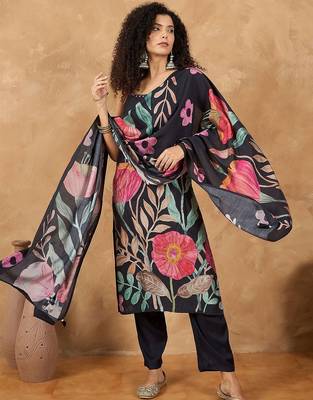 Floral Printed Regular Shoulder Straps Straight Kurta With Trousers And Dupatta 5