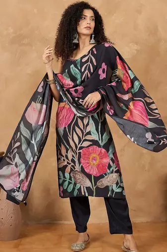 Floral Printed Regular Shoulder Straps Straight Kurta With Trousers And Dupatta
