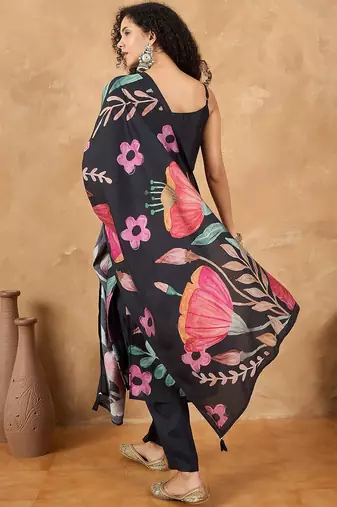 Floral Printed Regular Shoulder Straps Straight Kurta With Trousers And Dupatta