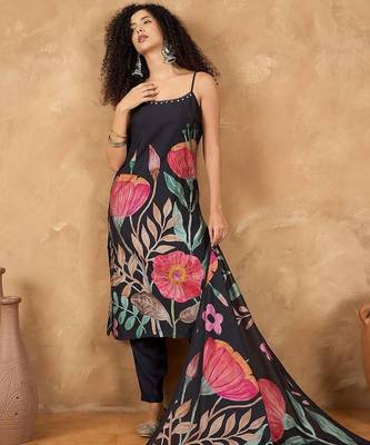 Floral Printed Regular Shoulder Straps Straight Kurta With Trousers And Dupatta 7