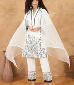 Floral Embroidered Thread Work V-Neck Straight Kurta With Trousers & Dupatta