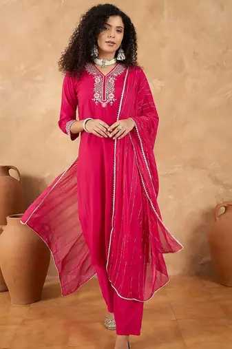 Women Ethnic Motifs Embroidered Kurta with Trouser & Dupatta